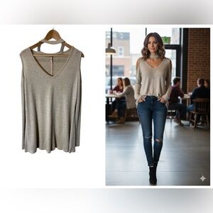 Poof! Beige V-Neck Women's Blouse